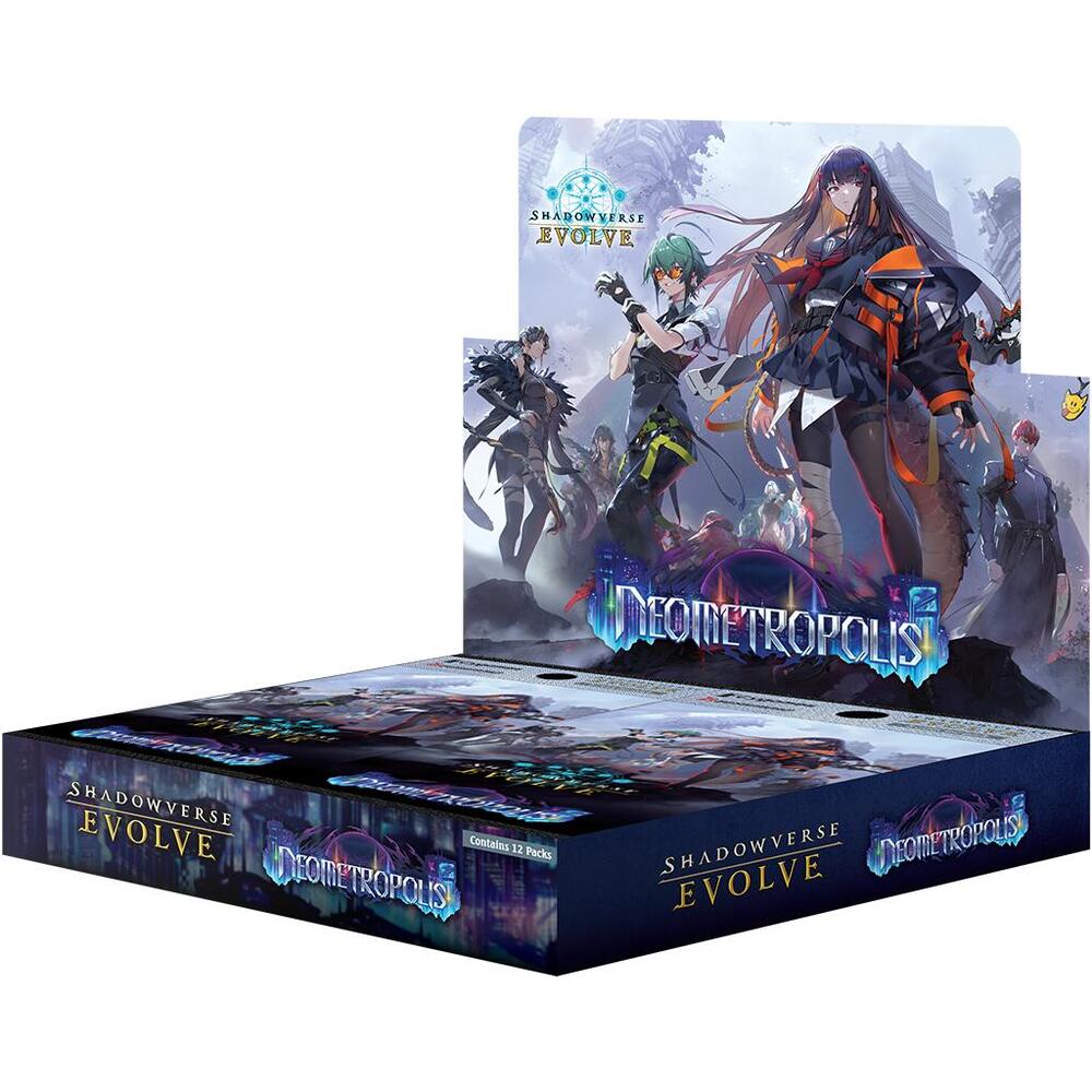 Shadowverse Evolve: Neometropolis Booster Display - Shadowverse Evolve Neometropolis booster display box with colorful fantasy characters on a dark urban-themed backdrop.