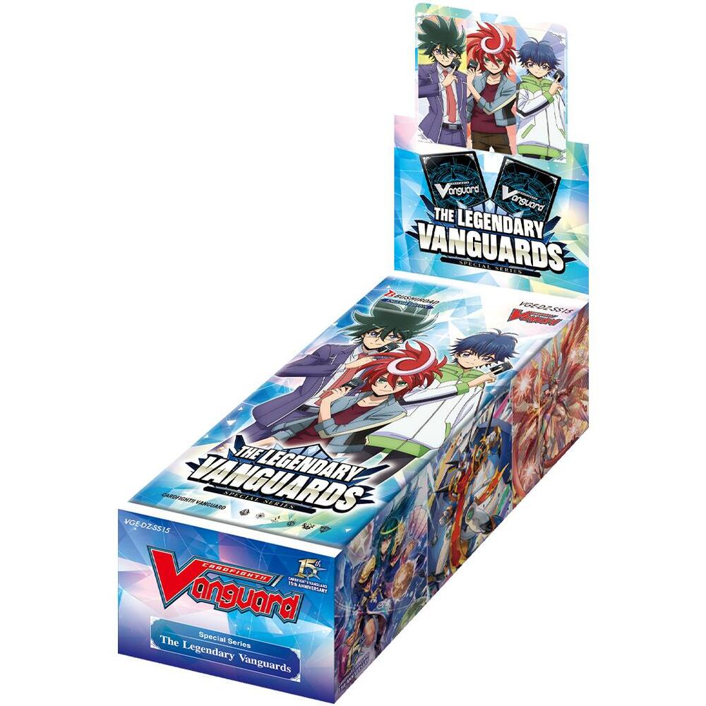 Cardfight Vanguard: The Legendary Vanguards Booster Display - VGE-DZ-SS15 - Colorful rectangular booster box for Cardfight Vanguard featuring anime-style characters and vibrant blue and red hues.