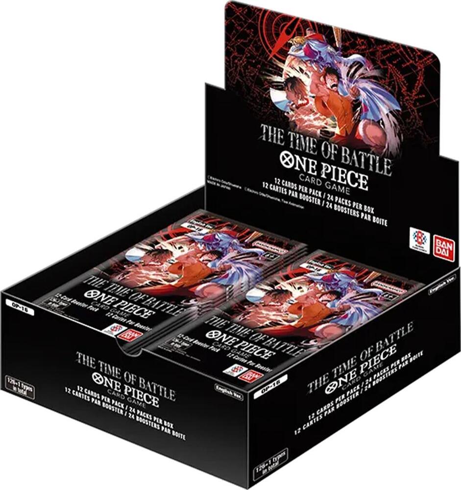 One Piece TCG - Time of Battle Booster Box [OP-16] (Preorder) - Black and red cardboard booster box with One Piece TCG Time of Battle artwork featuring red-haired and purple-haired.