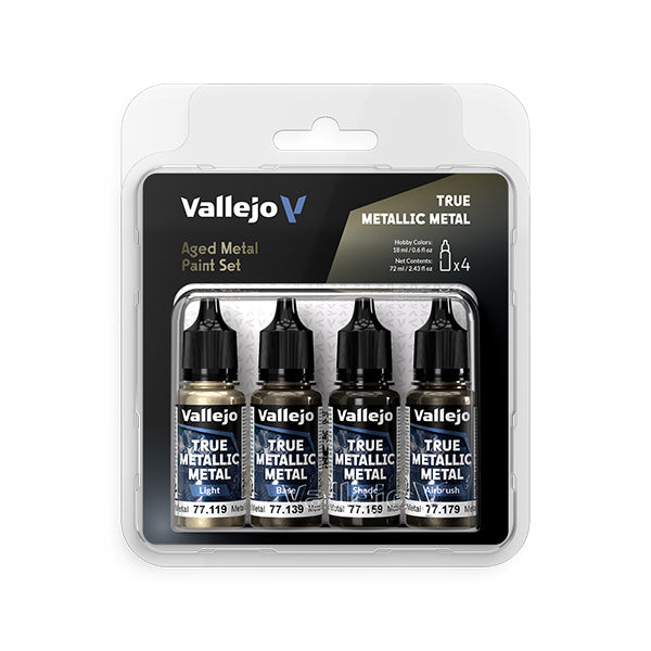 Vallejo True Metallic Metal Set: Aged Metal (4 Color Set), 18 ml. - Set of four Vallejo True Metallic Aged Metal paints in 18 ml black dropper bottles with black caps in clear plastic.