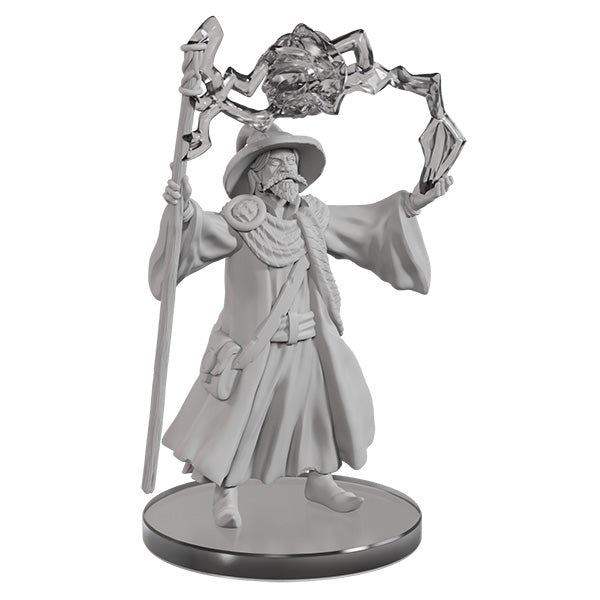 D&D Nolzur’s Marvelous Unpainted: Gargantuan Bahamut - Unpainted gray resin miniature of a robed wizard holding a tall staff with a detailed creature perched on top, standing on a