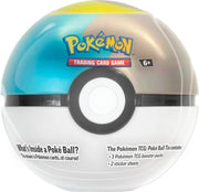 Pokemon 2024 Poke Ball Tin - Moon Ball - Round tin shaped like a Moon Ball with blue, cream, and white colors and Pokémon Trading Card Game logo on top.