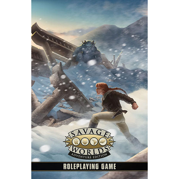 Savage Worlds Adventure Edition: Core Rulebook - Savage Worlds Adventure Edition core rulebook with snowy mountain battle scene and hero facing giant creature.