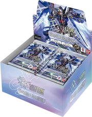 Gundam Card Game - Freedom Ascension Booster Box (GD05) - Open booster box with multiple Gundam card game packs, blue and silver sci-fi design, featuring Gundam robot artwork.