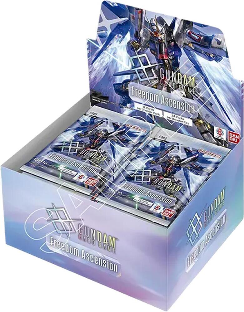 Gundam Card Game - Freedom Ascension Booster Box (GD05) - Open booster box with multiple Gundam card game packs, blue and silver sci-fi design, featuring Gundam robot artwork.