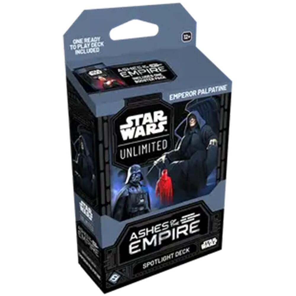 Star Wars: Unlimited - Ashes of the Empire Spotlight Deck - Emperor Palpatine (PREORDER) - Black and blue rectangular box packaging featuring Emperor Palpatine and Star Wars branding for Ashes of the Empire.