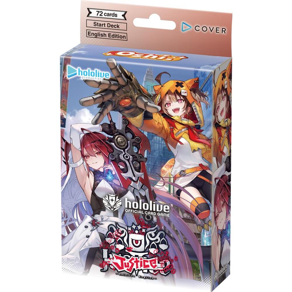 hololive OCG: Oshi Justice Starter Deck - Colorful card game box featuring anime characters in dynamic poses with futuristic and fantasy-themed elements and the logo.