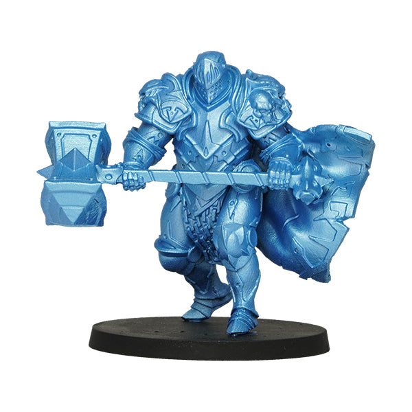 Vallejo True Metallic Metal Light: Sapphire Blue (18ml) - Sapphire blue metallic-painted armored warrior miniature holding a large hammer and shield on a round black base.