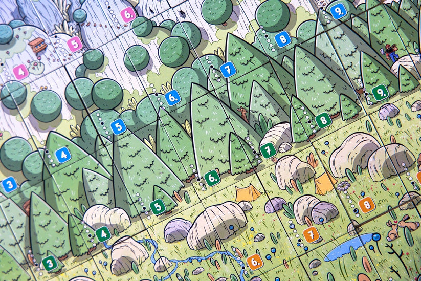 Solstis - Game board section with green triangular trees, numbered tokens, and illustrated forest animals on a grid background.