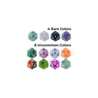 Hidden Wonders 7-Die Set Blind Box (PREORDER) - Seven colorful polyhedral dice including d20, d12, d10, d8, d6, and d4 in various rare and uncommon translucent colors with.