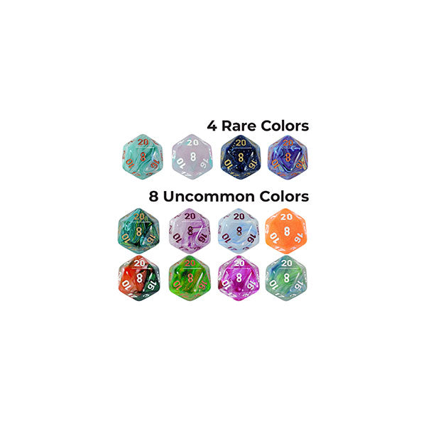 Hidden Wonders 7-Die Set Blind Box (PREORDER) - Seven colorful polyhedral dice including d20, d12, d10, d8, d6, and d4 in various rare and uncommon translucent colors with.