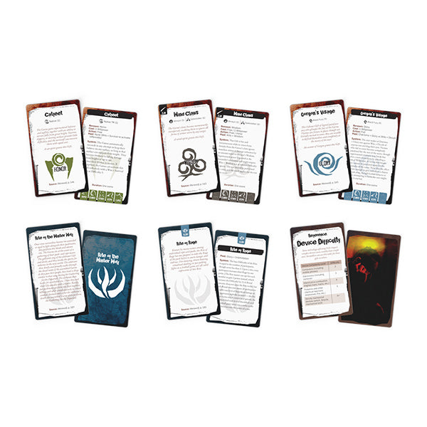 Werewolf The Apocalypse: Gift and Rite Deck (PREORDER) - Set of ten rectangular cards with black, white, and red borders featuring text, symbols, and illustrations related to.