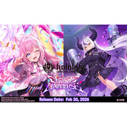 Hololive OCG: Curious Universe - Booster Display - Colorful anime-style card game booster display featuring two dynamic female characters against vibrant cosmic backgrounds,.