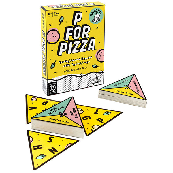 P For Pizza (Original) (PREORDER) - Bright yellow and pastel pink triangular game cards with letters and food-themed icons, next to a yellow game box labeled P.
