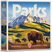 Parks (2nd Edition) - Square board game box with illustrated mountain landscape, bison herd, and "Parks" title in large white letters.