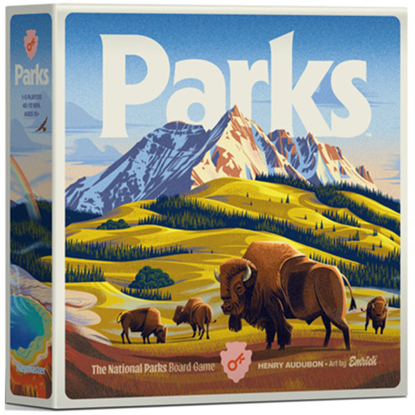 Parks (2nd Edition) - Square board game box with illustrated mountain landscape, bison herd, and "Parks" title in large white letters.