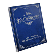 Pathfinder 2E: Lost Omens - Draconic Codex Special Edition - Blue hardcover RPG book titled Pathfinder Lost Omens Draconic Codex Special Edition with gold ornate corner designs.
