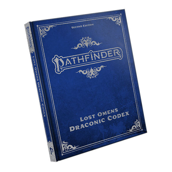 Pathfinder 2E: Lost Omens - Draconic Codex Special Edition - Blue hardcover RPG book titled Pathfinder Lost Omens Draconic Codex Special Edition with gold ornate corner designs.