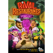 Rival Restaurants: Sporks Out - Colorful game box cover featuring animated chefs holding oversized utensils with a large purple spork in the center and bold