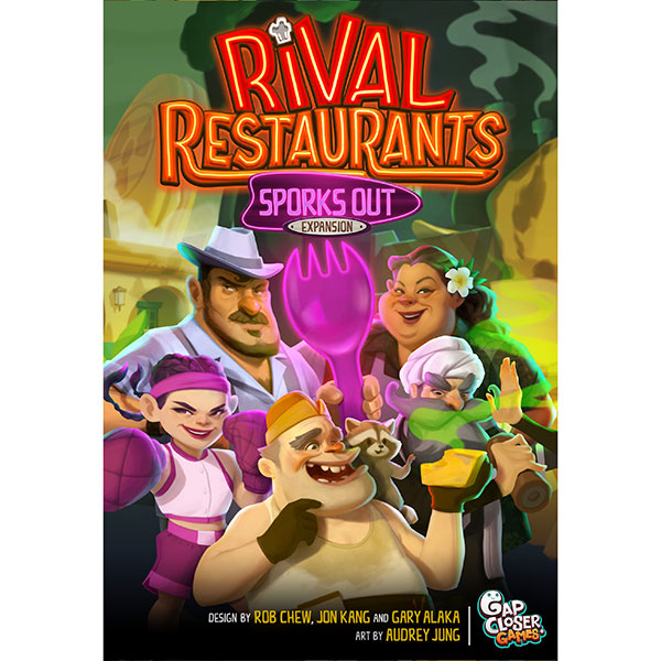 Rival Restaurants: Sporks Out - Colorful game box cover featuring animated chefs holding oversized utensils with a large purple spork in the center and bold