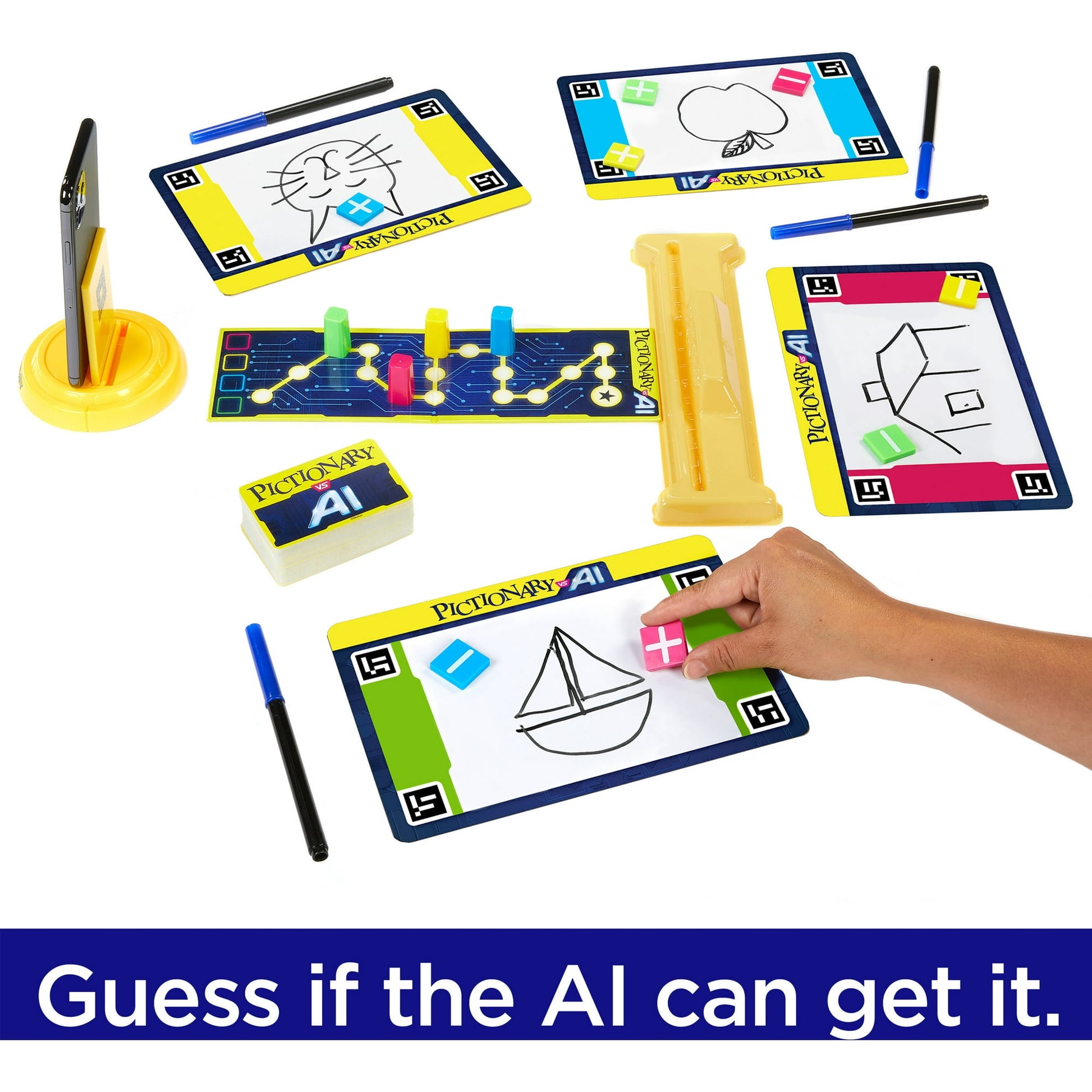 Pictionary vs. AI - Colorful board game set with digital and AI-themed drawing cards, markers, and playing pieces.