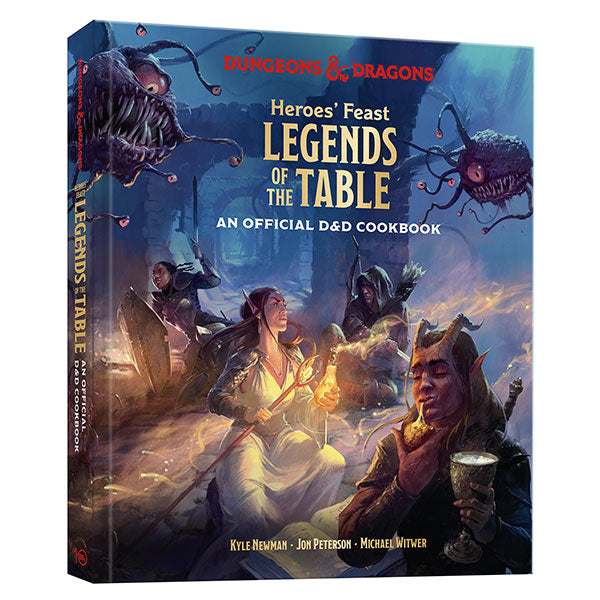 D&D Heroes' Feast: Legends of the Table (PREORDER) - Hardcover Dungeons & Dragons cookbook with fantasy artwork of adventurers and monsters under a dark blue sky.