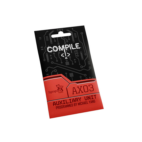 Compile: Auxiliary Unit 3 (PREORDER) - Black and red card game expansion pack labeled Compile Auxiliary Unit AX03 with circuit board design details.