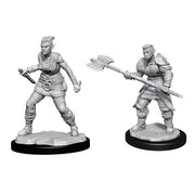 D&D Nolzur's Marvelous Miniatures: Orc Barbarian Female - Two unpainted gray resin miniatures of orc barbarians, one female wielding a mace and the other male holding a large axe,.