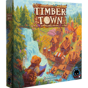 Timber Town - Colorful board game box with illustrated waterfall, forest, and village scene featuring wooden houses and a character.