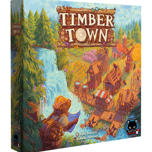 Timber Town - Colorful board game box with illustrated waterfall, forest, and village scene featuring wooden houses and a character.
