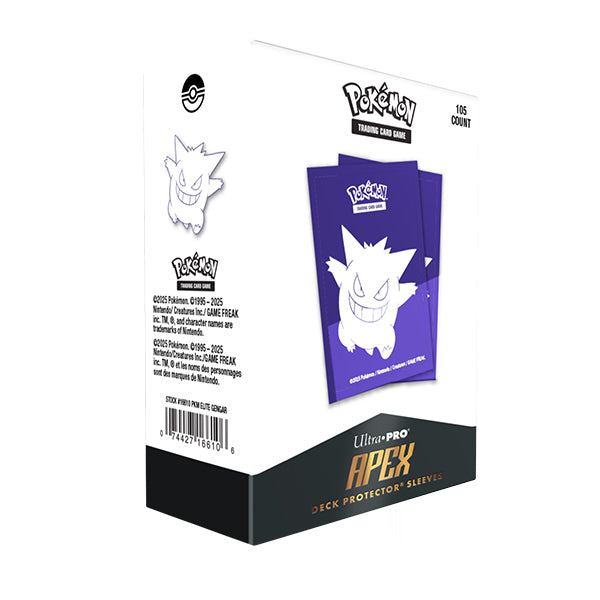 Apex Deck Protectors - Elite Series Gengar (105ct) - Purple card sleeves featuring a white Gengar silhouette, 105-pack deck protectors box.