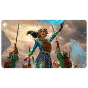 MTG Playmat - Tarkir: Dragonstorm - Genesis Ultimatum - MTG playmat featuring a fantasy warrior woman in blue and gold armor wielding a glowing staff, dramatic cloudy sky.