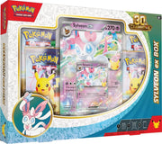 Pokémon TCG: 30th Celebration - ex Box - Sylveon ex (PREORDER) - Pokémon TCG 30th Celebration Sylveon ex box with colorful artwork, card, and Pikachu illustration.