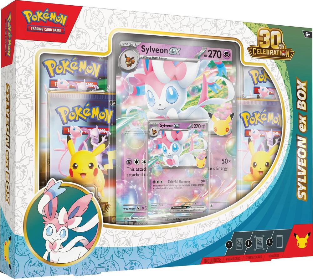 Pokémon TCG: 30th Celebration - ex Box - Sylveon ex (PREORDER) - Pokémon TCG 30th Celebration Sylveon ex box with colorful artwork, card, and Pikachu illustration.