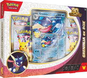 Pokémon TCG: 30th Celebration - ex Box - Greninja ex (PREORDER) - Pokémon TCG 30th Celebration Greninja ex box with blue holographic card and three booster packs in gold and red packaging.