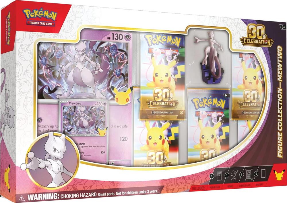 Pokémon TCG: 30th Celebration - Figure Collection - Mewtwo (PREORDER) - Pokémon 30th Celebration Figure Collection box featuring Mewtwo figure, holographic card, and three booster packs with gold.