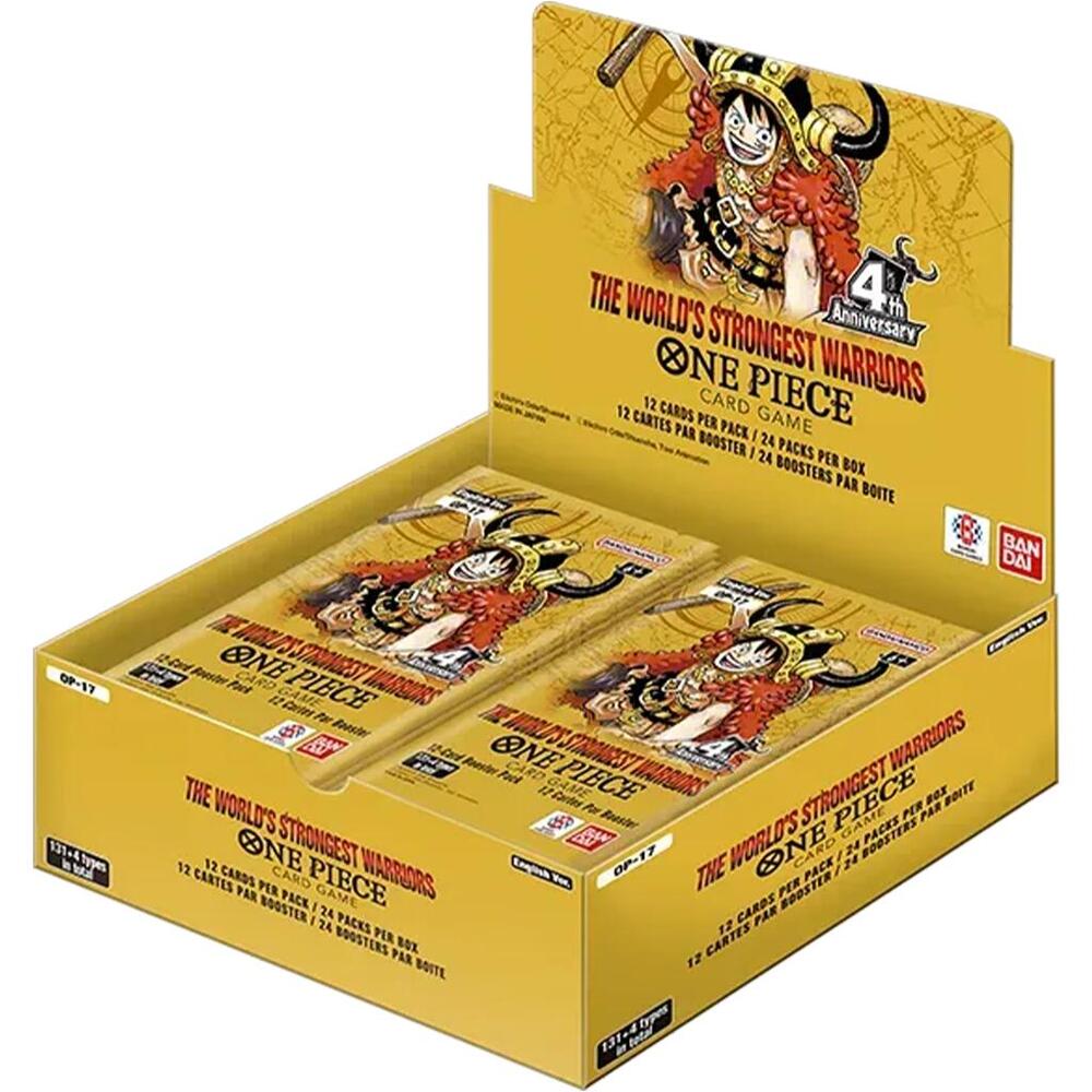 ONE PIECE TCG: The Worlds Strongest Warriors Booster Box (OP-17) (24CT) - Yellow booster box featuring anime character Luffy in pirate outfit, labeled "The Worlds Strongest Warriors" with 24 packs.