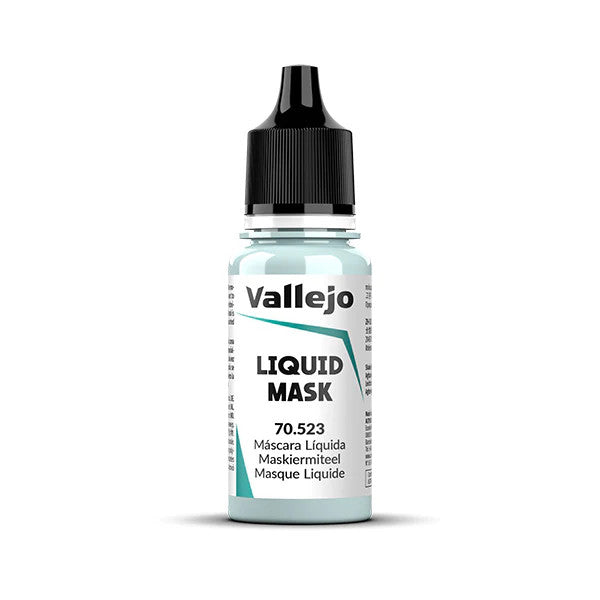 Vallejo Liquid Mask (18ml) - Small clear plastic bottle of Vallejo Liquid Mask with black twist cap and white label with black and teal text.