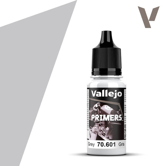 Vallejo Primer: Grey (18ml) - 18ml Vallejo grey primer paint bottle with black cap and labeled front.