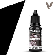 Vallejo Primer: Black (18ml) - Small black plastic bottle of Vallejo black primer paint with a screw-on cap and a label featuring white and gray text and.