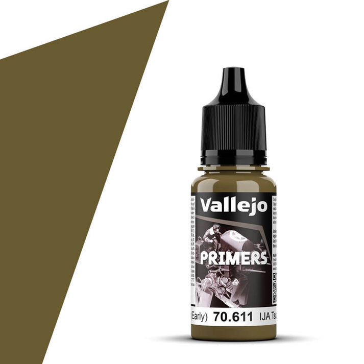 Vallejo Primer: Earth Green (Early) (18ml) - Small clear plastic bottle of Vallejo Earth Green primer paint with black dropper cap and white label featuring text and.