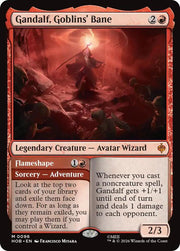 Gandalf, Goblins' Bane M The Hobbit 96 NM - The Gathering card featuring Gandalf casting a bright flame, red-bordered with fantasy art, text box detailing abilities,.