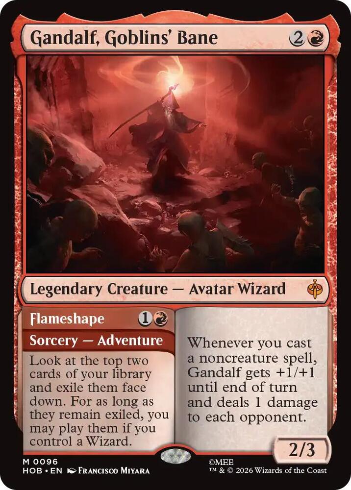 Gandalf, Goblins' Bane M The Hobbit 96 NM - The Gathering card featuring Gandalf casting a bright flame, red-bordered with fantasy art, text box detailing abilities,.