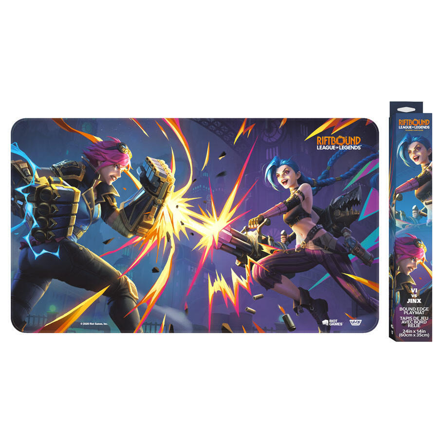 Riftbound: Vendetta Playmat - Vi vs Jinx - Rectangular gaming playmat featuring vibrant artwork of two characters, one with purple hair and armor, the other with blue.