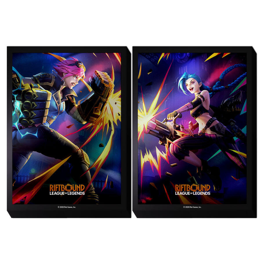 Riftbound: Vendetta Art Card Sleeves - Vi vs Jinx - Two art card sleeves featuring vibrant illustrations of Vi and Jinx from League of Legends, with dynamic poses and vivid.
