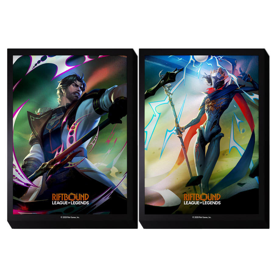 Riftbound: Vendetta Art Card Sleeves - Jayce vs Viktor - Two sets of glossy card sleeves featuring vibrant, detailed illustrations of Jayce with a high-tech hammer and Viktor with.