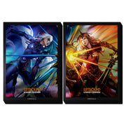 Riftbound: Vendetta Art Card Sleeves - Diana vs Leona - One with a blue-toned warrior woman wielding a glowing weapon, the other with a fiery-haired archer aiming a bow amid warm.
