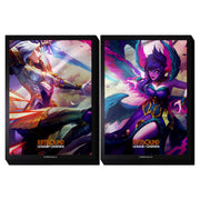 Riftbound: Vendetta Art Card Sleeves - Kayle vs Morgana - Two card sleeves featuring vibrant artwork of Kayle and Morgana from League of Legends, vivid colors with dynamic light.