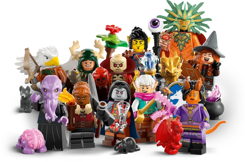 Lego Minifigures - Dungeons & Dragons - Collection of colorful Lego Dungeons & Dragons minifigures featuring fantasy characters like wizards, warriors, and mythical