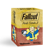 Fallout RPG: Perk Cards 2 (PREORDER) - Yellow and brown Fallout Perk Cards 2 box featuring Vault Boy holding cards, logos for Bethesda and Modiphius.